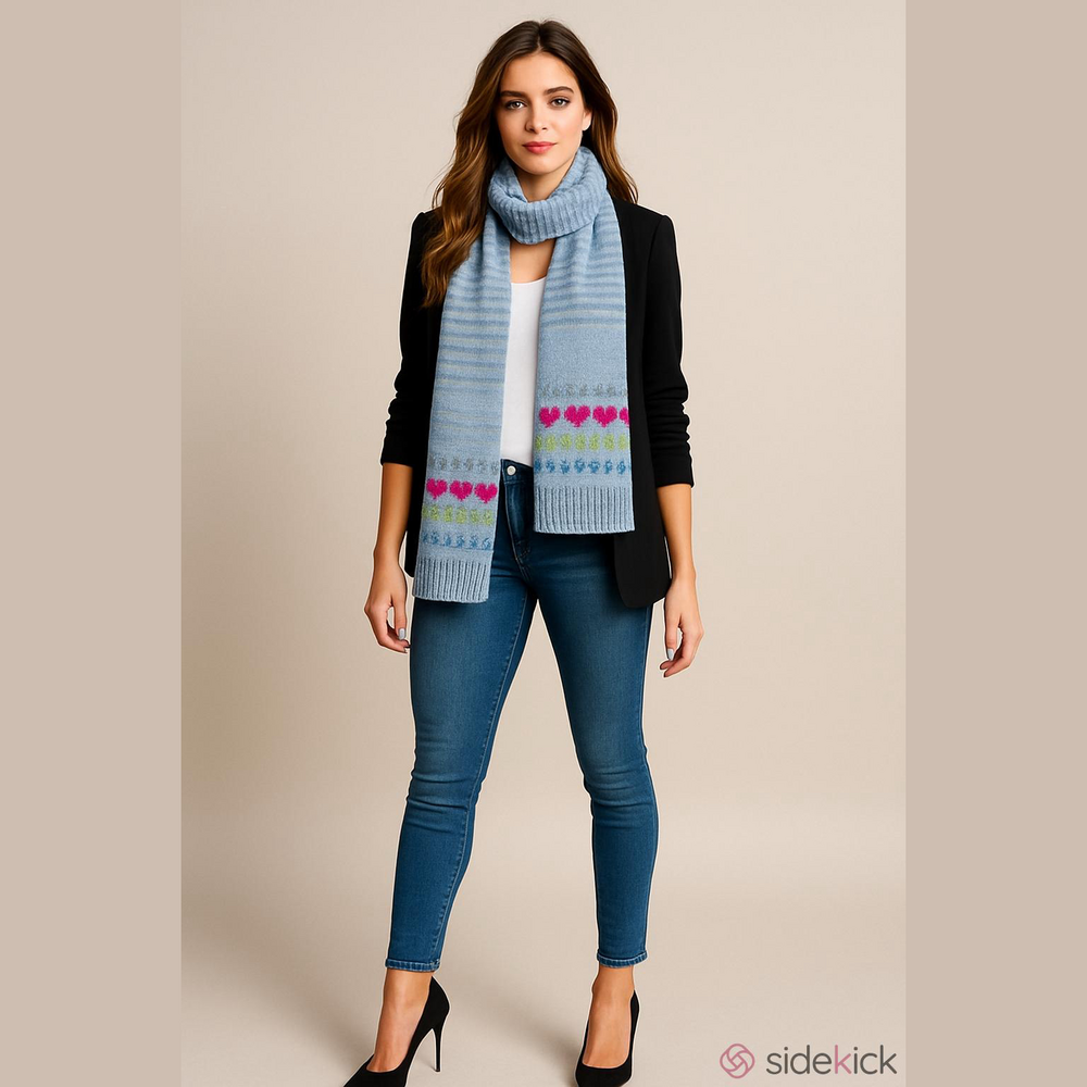 Dearfoams Fairisle Striped Scarf with Hearts, Sequins, Fray, Pink, Green - Picture 16 of 16